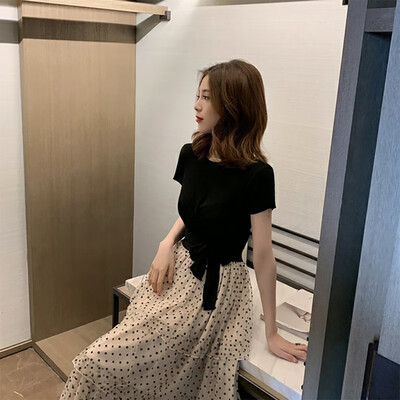 

Sexy Female T-Shirts Lace Up Knitted Top T-Shirt Tee Women Round Neck Cropped Top