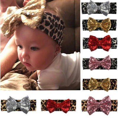 

Girls Kids Baby Leopard Print Sequins Bow Hairband Headband Stretch Turban Head Wrap