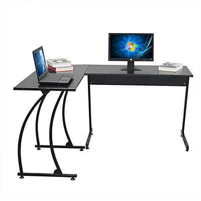 

3-Piece Home Office -Shaped Corner Computer Desk Workstation wMetal Frame Foot Pads - Black