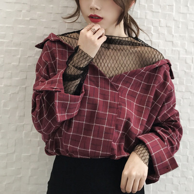 

Sexy Mesh Stitching Womens Shirt Loose Simple Plaid Pattern Long-sleeved Tops