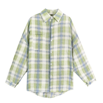 

Women Plaid Blouse Lapel Loose Shirt Single-breasted Long Sleeve Elegant Blouse Sunscreen Office Lady Korean Style Tops