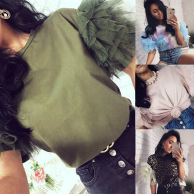 

Fashion Women Summer Tulle Ruffle Short Sleeve T Shirt Ladies Casual Blouse Tops