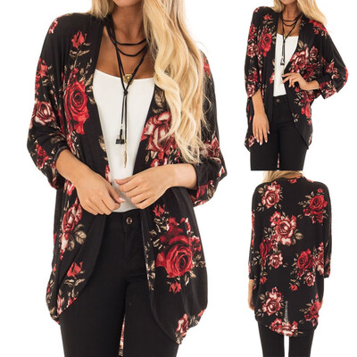 

Nomeni Women Chiffon Floral Kimono Loose Three Quarter Sleeve Shawl Print Cardigan Tops