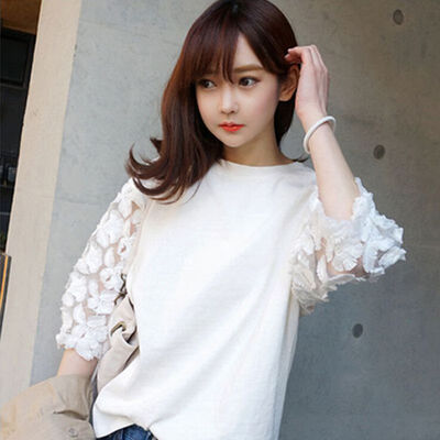 

Women Round Collar Solid Color T-Shirt Lace Cropped Sleeve Casual Ladies Clothing Wild Loose Female Tops Clothing