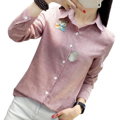 

Women Korean Autumn Casual Embroidery Shirt Stripe Single Breasted Blouse