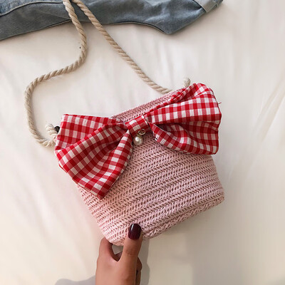 2019 new casual simple woven bucket bag female fashion wild cute bow temperament shoulder Messenger bag