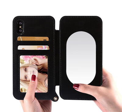 

Lady Makeup Mirror Card Holder Slot Hard Back Cover Phone Cases For iphone X 6s 7 8Plus Business Wallet TPU Denim Phone Cases