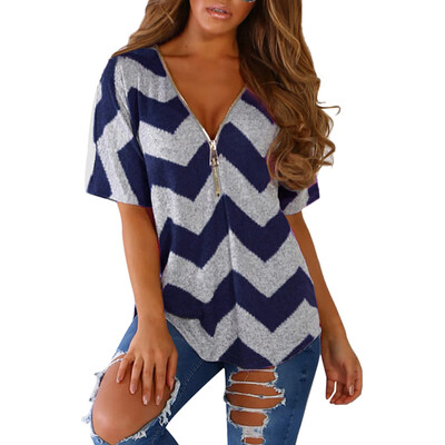 

Womens V Neck Geometric Print Zipper Short Batwing Sleeve T-Shirt