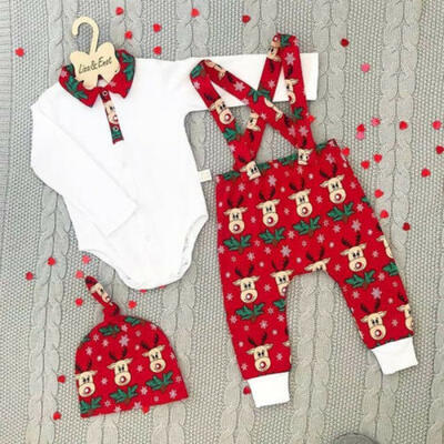 

Newborn Baby Boy Girl Christmas Outfits Romper Tops Suspender Pants 3PCS Clothes