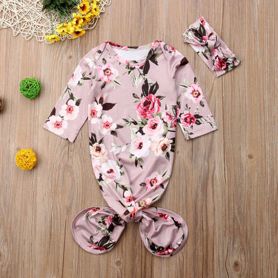 

Newborn Baby Girl Outfit Set Floral Swaddle Wrap Blanket Sleeping Bag Headband