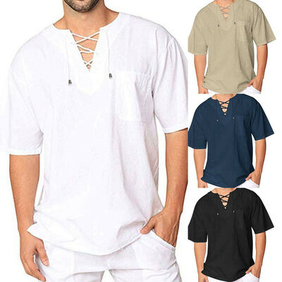 

Mens Baggy T Shirt Cotton Linen Tee Hippie Shirts Short Sleeve Yoga Top