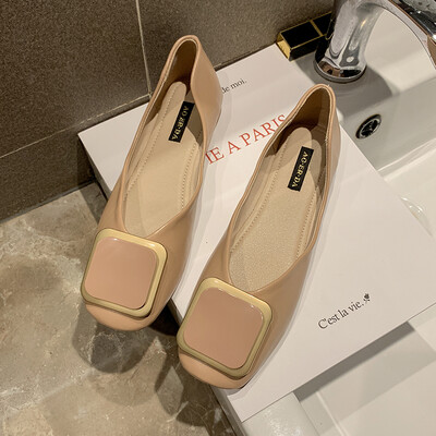 

Flat-bottomed Square Head Single Shoes Women Summer Korean Edition Shallow-mouthed Square Button Bean Shoes with Soft-soled Mom Sh