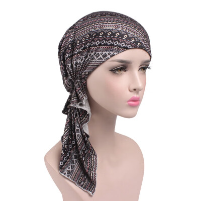 

Women Printed Cancer Chemo Cotton Turban Headwear Casual Adjusted Ruffles Bandanas Muslim Headscarf Multicolor