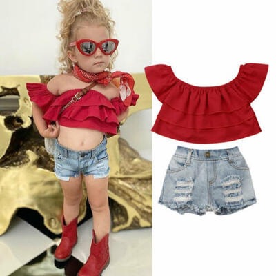 US Summer Toddler Kid Baby Girl Kid Ruffles Tube Tops Denim Jeans Shorts Clothes