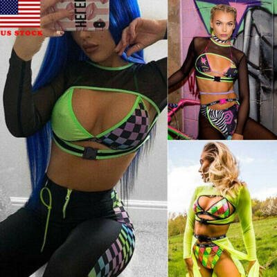 

Casual Women Long Sleeve Slim Buckle Crop Tops T-Shirt Mesh Blouse Pullover