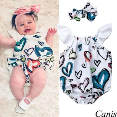 

US 2Pcs Kid Infant Baby Girl Watercolor Heart Print Romper Sunsuit Outfit Summer