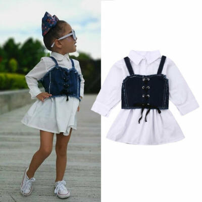

UK Infant Baby Girl Kid Long Sleeve Sling Shirt Denim Skirt Dress Outfit Clothes