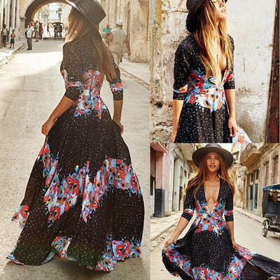 

New Sexy Women Bohu Casual Long Sleeve Deep V-Neck Party Evening Cocktail Maxi Long Dress Plus Size -XXL