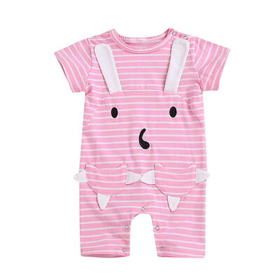 

Stripe Short Sleeve Baby Rompers Cartoon Ears Cotton Jumpsuit with Pockets