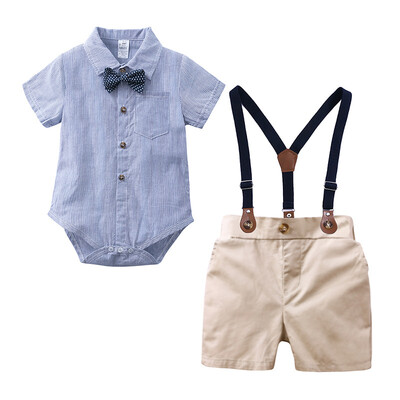 

Summer Baby Boy Clothes Set Casual Short Sleeve Striped Plaid Romper & T-shirt Tops Strap Shorts Outfits Set