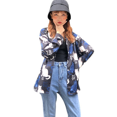 

Women Casual Cat Print Long-sleeved Shirt 2019 New Fashion Lapel Women Tops Korean Style Female Loose Blouses blusas mujer