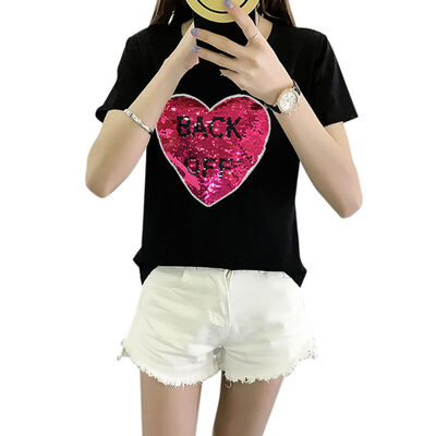 

Summer Letters Sequins Love Printed Women T shirt Casual Tee Top Round Collar Female T Shirt Short-Sleeved Woman Tops