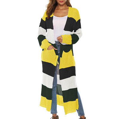 

Knit Long Loose Round Neck Rainbow Striped Cardigan Sweater Long Sleeve Cardigan