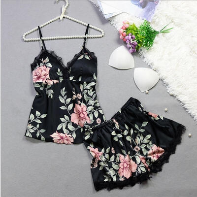 

2Pcs Women Satin Silk Sleepwear Lace V Neck Tops Long Pants Pyjamas Set