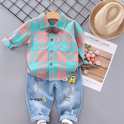 

Autumn Baby Boys Casual Long Sleeve Plaid Print Shirt Blouse TopsCartoon Denim Pants Trouser Set