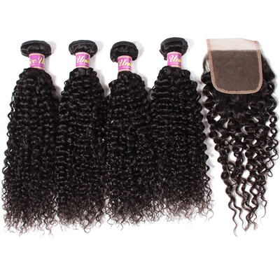 

UNice 8A Brazilian Culry Human Hair 4 Bundles with Lace Closure 44