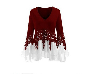 

2018 Women New Fashion Chiffon Lace Stitching Blouse Plus Size Long Sleeve Shirt Dress V Neck Loose T Shirt