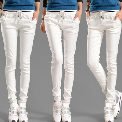 

New Fashion Women Casual Pants Elastic Waist Drawstring Slim Pencil Pants Trousers BlackWhite