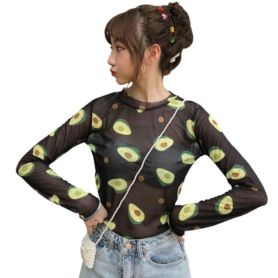 

Womens Casual O Neck Avocado Print Long Sleeve Mesh Perspective Sun Protection T-Shirt