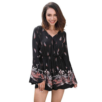 

Sexy Print Jumpsuit V-neck High Waist Women Flare Long Sleeve Playsuit