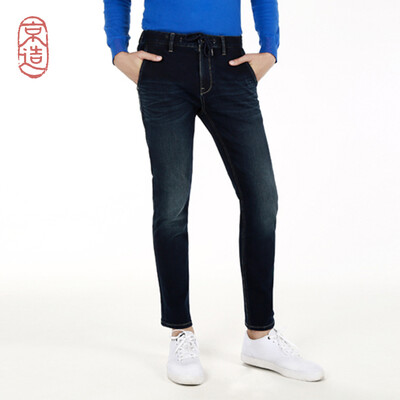 

JZAO Mens imitation knit slim straight casual feet jeans 2018 autumn new autumn still new dark blue 35 18088A