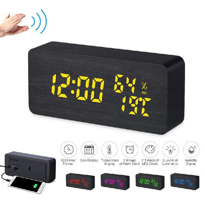 

Wooden Alarm Clock 115-Colored Time Humidity Temperature Date Display Wood LED Digital Desk Clock Adjustable Brightness Voice C