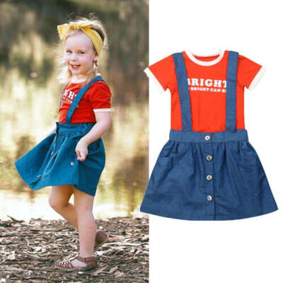 

Newborn Baby Girl Summer Short Sleeve Tops Denim Strap Tutu Skirt Dress Clothes