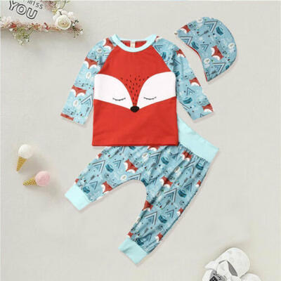 

Newborn Baby Boy Girl Fox Tops Pants Hat Autumn Winter Outfit Clothes Set