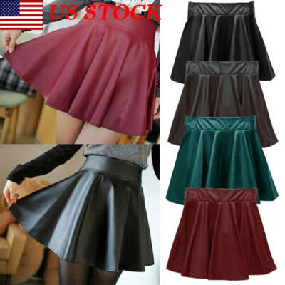 

Women Slim Skirt High Waist Short Mini Skirt Pleated Party Faux Leather Skirts