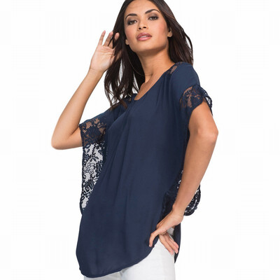 

Solid color round neck bat half sleeve lace stitching loose chiffon shirt casual top