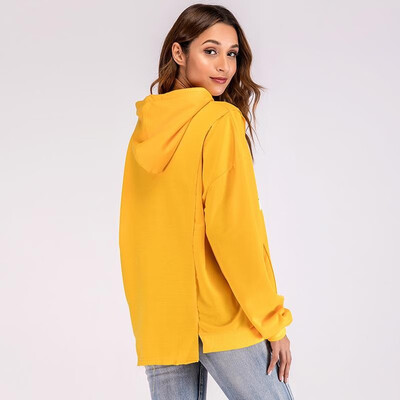 

Women Hoodie Drawstring Letter Print Splits Irregular Hemline Long Sleeve Oversized Casual Sweatshirt
