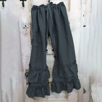 

Women Plus Size Solid Cotton Linen Folds Casual Ruffled Loose Pocket Pants
