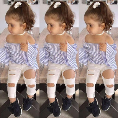 

Toddler Kids Baby Girls Striped Off Shoulder Tops Long Pants Outfits Set Clothes