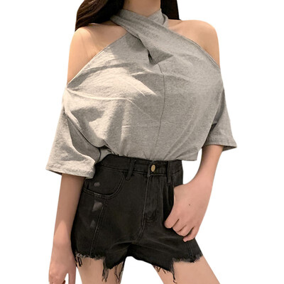 

Women T shirt Tanks solid color Hanging Neck short sleeve Ladies Camis Clothes Sexy Elegant Party