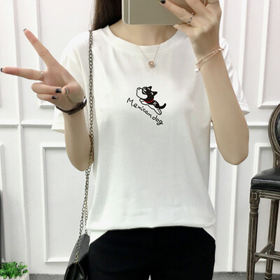 

Woman Dog Print Solid Tshirt T-shirt Summer Puppy Short Sleeve O-Neck Cotton Women Top Slim Fit Soft Women T-shirt