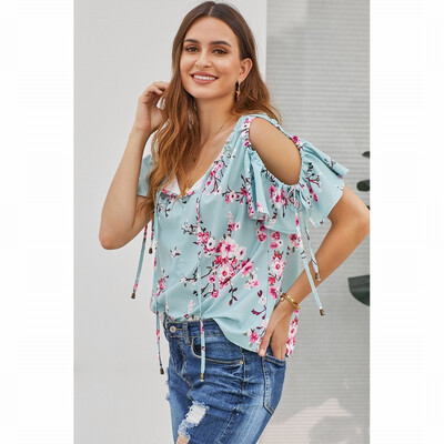 

Womens Vintage Shirt V-neck Short Sleeve Plant Print Shirt