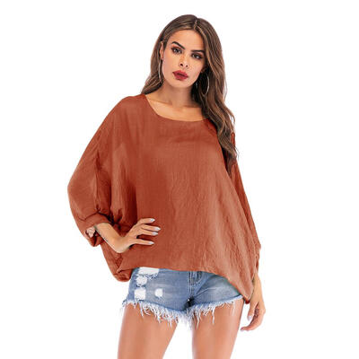 

Casual Loose O Neck Women T-Shirts Solid Color Batwing Sleeve Summer Tees
