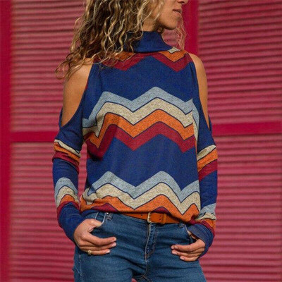 

Womens Cold Shoulder Striped Long Sleeve Tops Blouse Ladies Casual T Shirt Tee