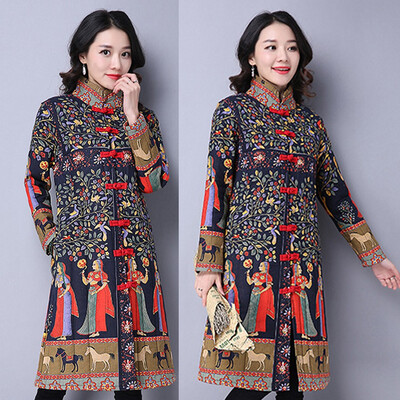 

Toponeto Women Winter Warm Cotton Linen Ethnic Print Buttons Pockets Long Coat Outwear