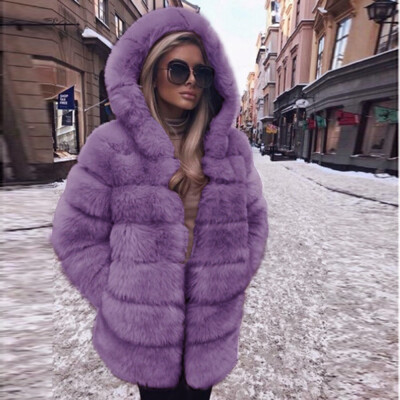 

Roseonmyhand Women Fashion Luxury Faux Fur Coat Hooded Autumn Winter Warm Overcoat